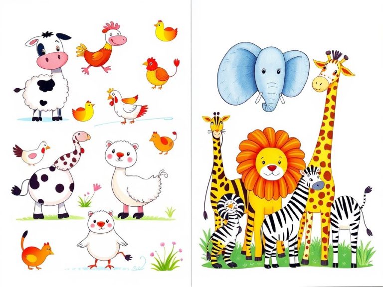 نقاشی کودکانه حیوانات جنگل اهلی و وحشی زیبا و ساده