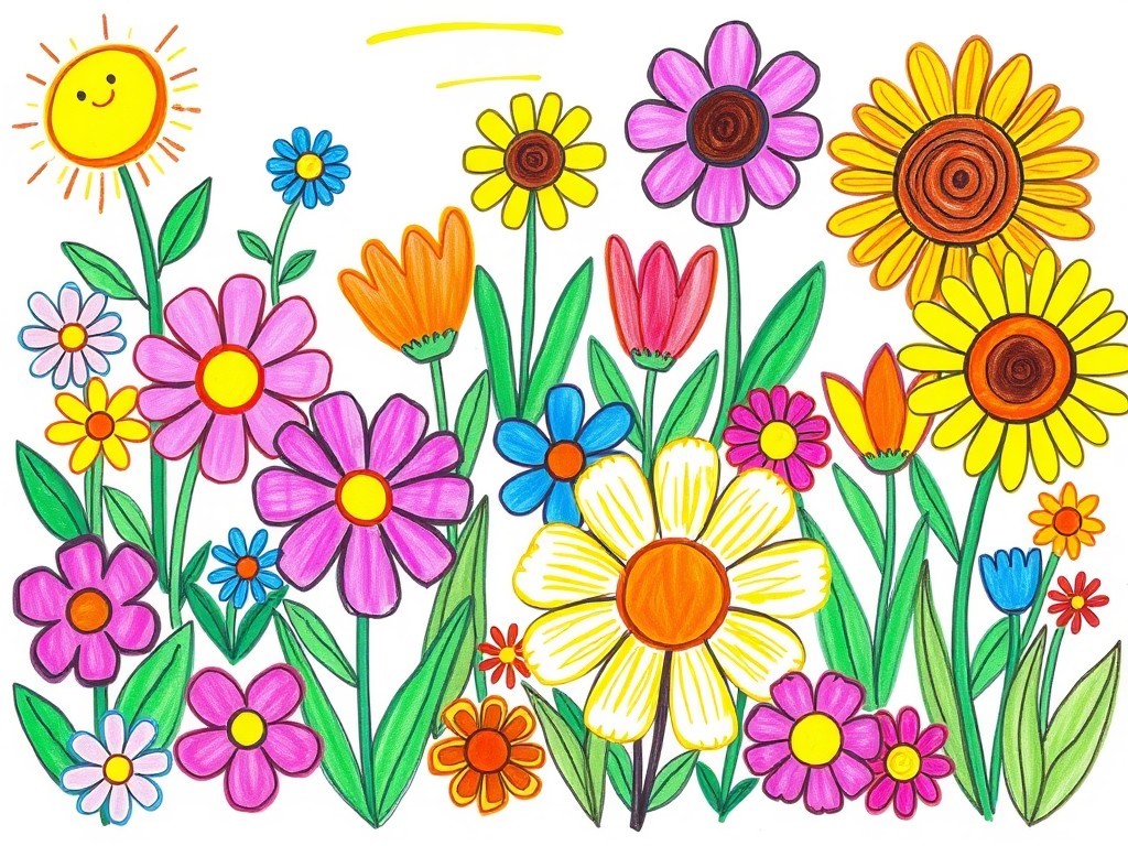 نقاشی طبیعت زیبا با گل‌های رنگارنگ