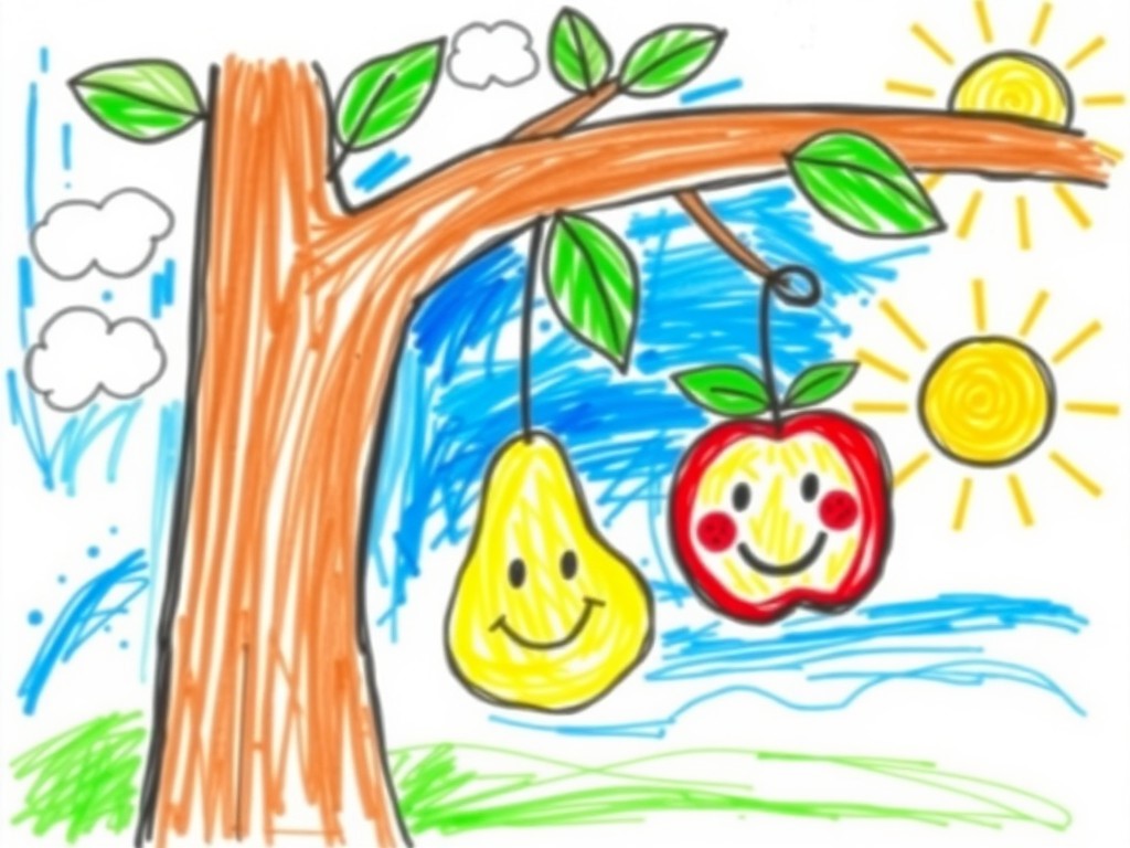 نقاشی گلابی و سیب روی درخت