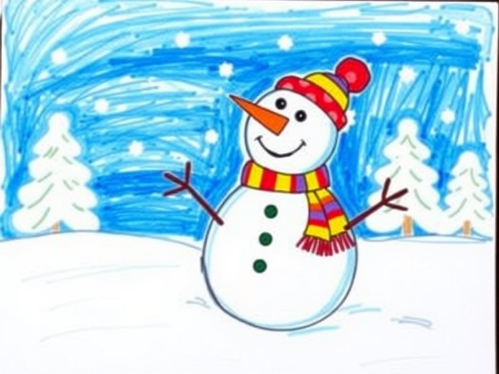 نقاشی یک روز برفی با آدم برفی