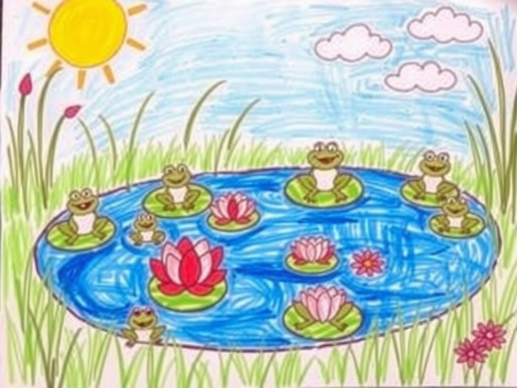 نقاشی برکه با قورباغه‌ها و نیلوفرهای آبی