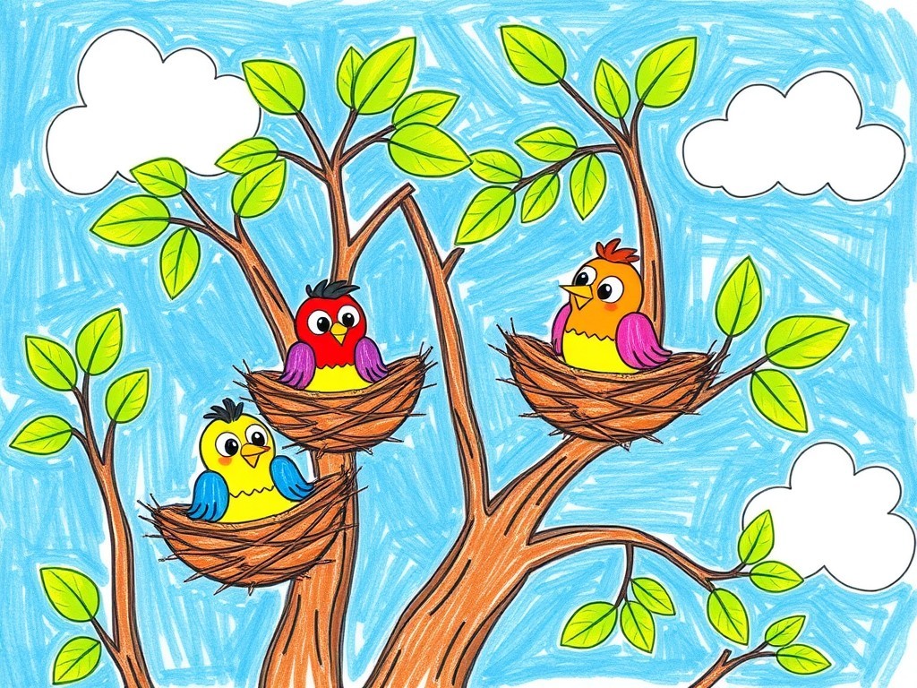 نقاشی پرندگان در لانه