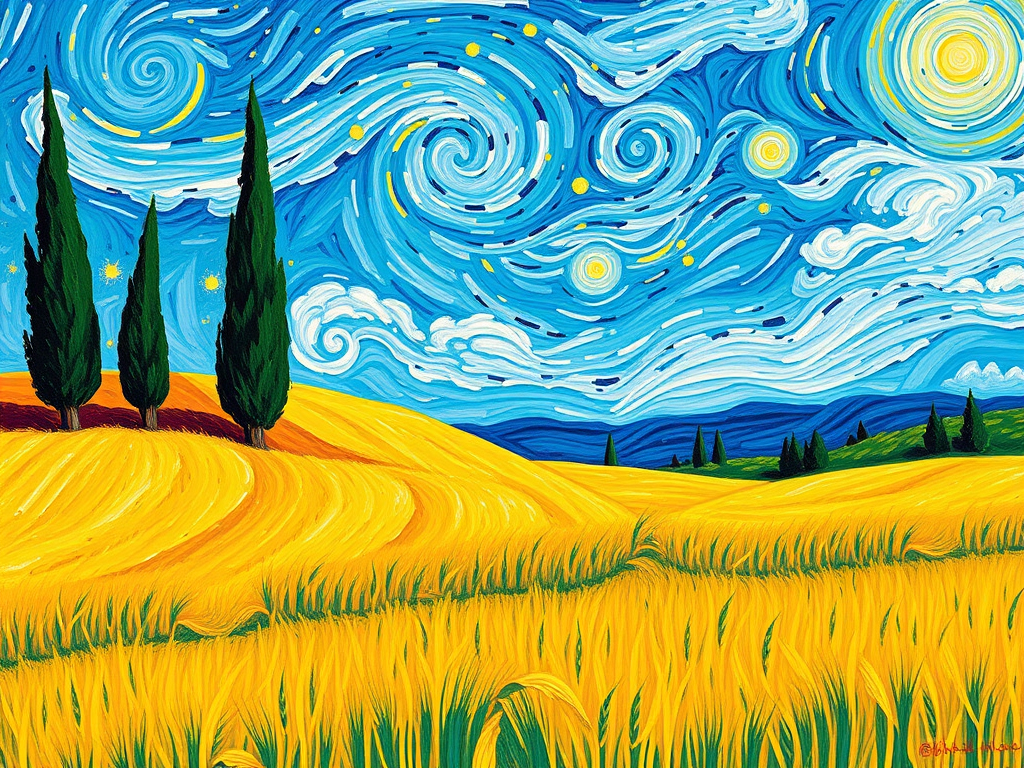 تابلو گندم زار با درختان سرو